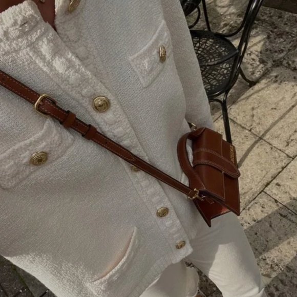 NEW Gold Button Tweed Textured Knit Sweater Cardigan Jacket - Cream Ivory - Picture 10 of 14